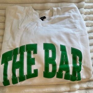 THE BAR oversized varsity white sweatshirt with green text M